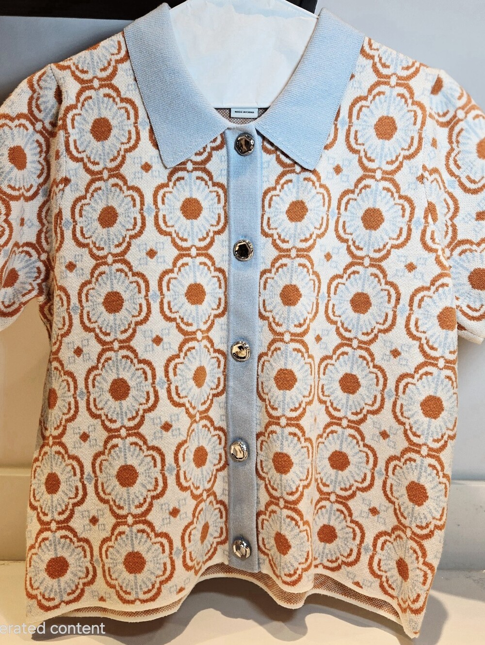 Rachel Zoe Light Blue, Orange & White Floral Knit Polo Cardigan